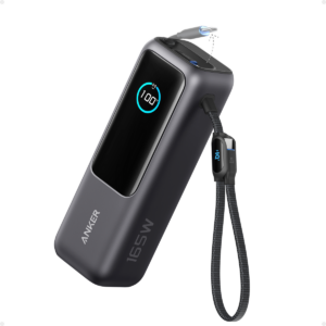 Anker A1695 black 25000mAh power bank with built-in USB-C charging cables and display