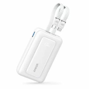 Anker Zolo A1680H21 white power bank front view showing battery display and two built-in cables