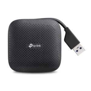 TP-Link UH400 black four-port USB 3.0 hub viewed from above with its built-in USB cable