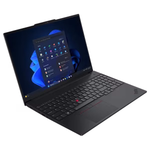 Lenovo ThinkPad E16 Gen 3 black laptop, left angled view showing keyboard and display
