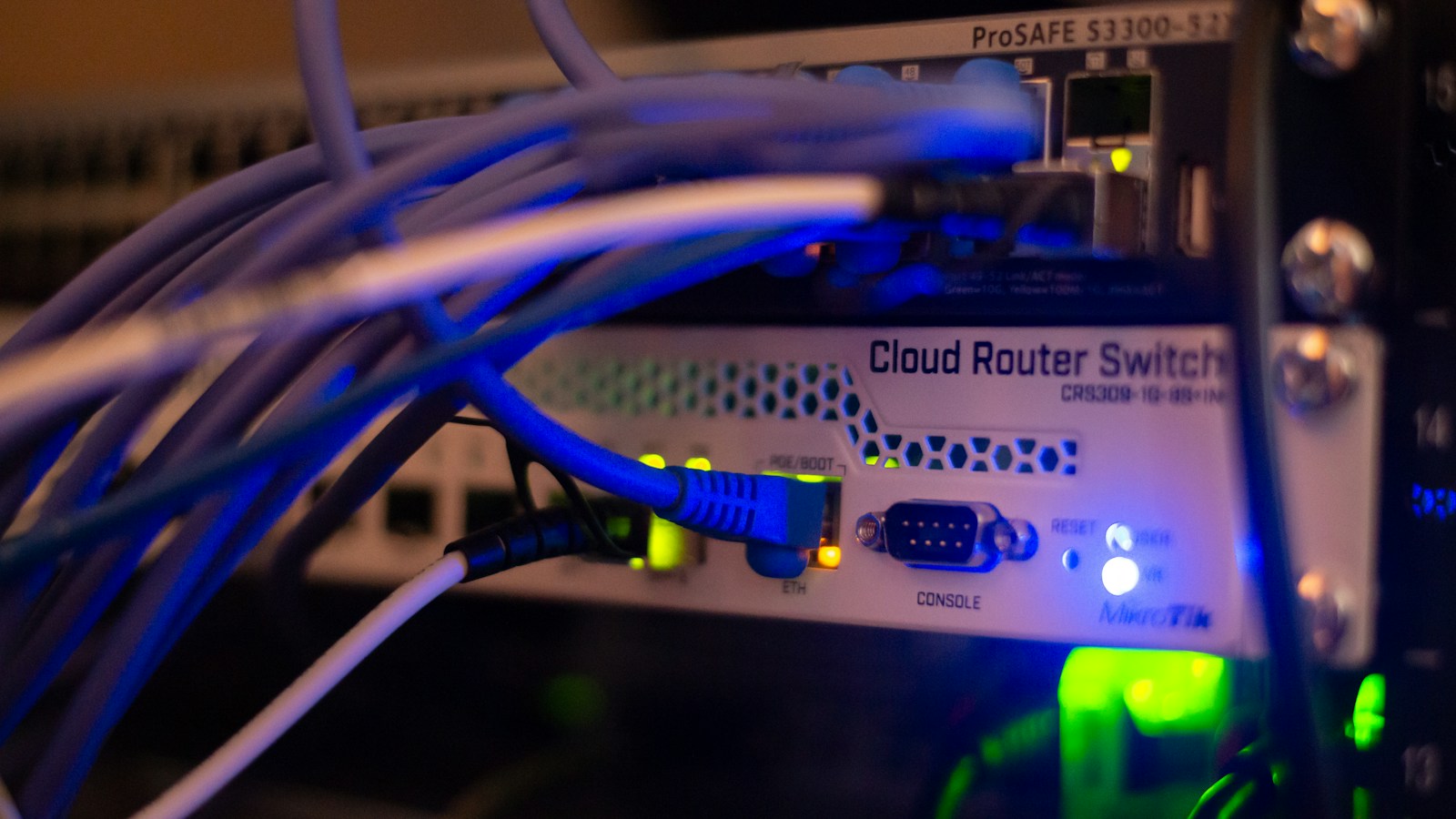 Business network equipment with connected Ethernet cables