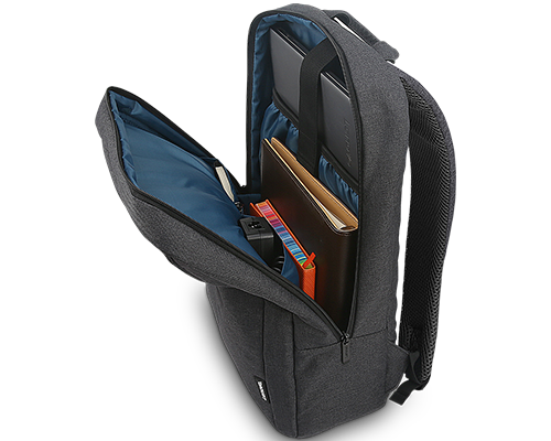 Open Lenovo B210 backpack showing laptop sleeve and accessory storage