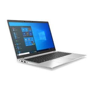 HP EliteBook 840 G8 silver laptop shown open in an angled front view