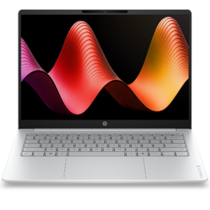 HP OmniBook 3 Core 7 350 laptop in Glacier Silver, front view with screen and keyboard
