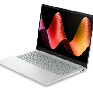 HP OmniBook 3 Glacier Silver laptop viewed at an angle from the right, showing screen, keyboard and side ports