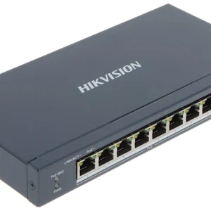 Hikvision DS-3E0310P-E/M series switch front showing eight PoE ports and two Gigabit RJ45 uplinks
