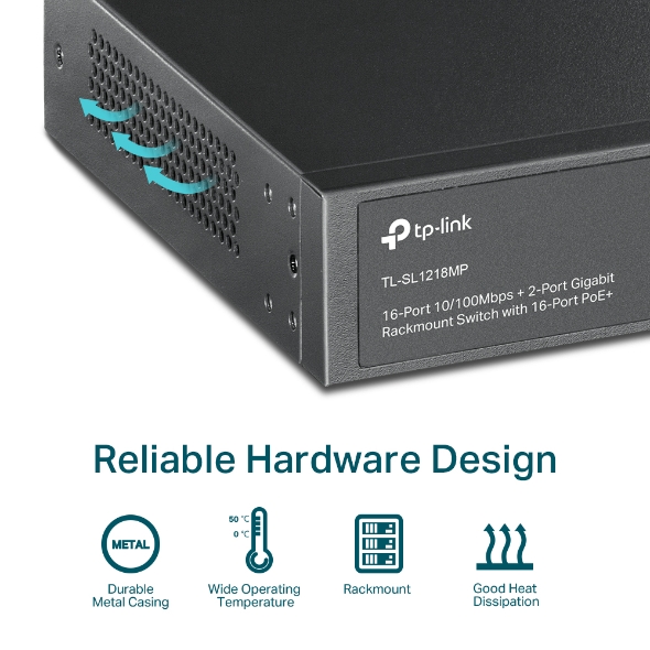 TP-Link TL-SL1218MP 16-Port Fast Ethernet Switch with PoE+ and Gigabit Uplinks - detail view 8