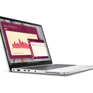 Dell Pro 14 PC14250 viewed from the front left with keyboard and side ports visible
