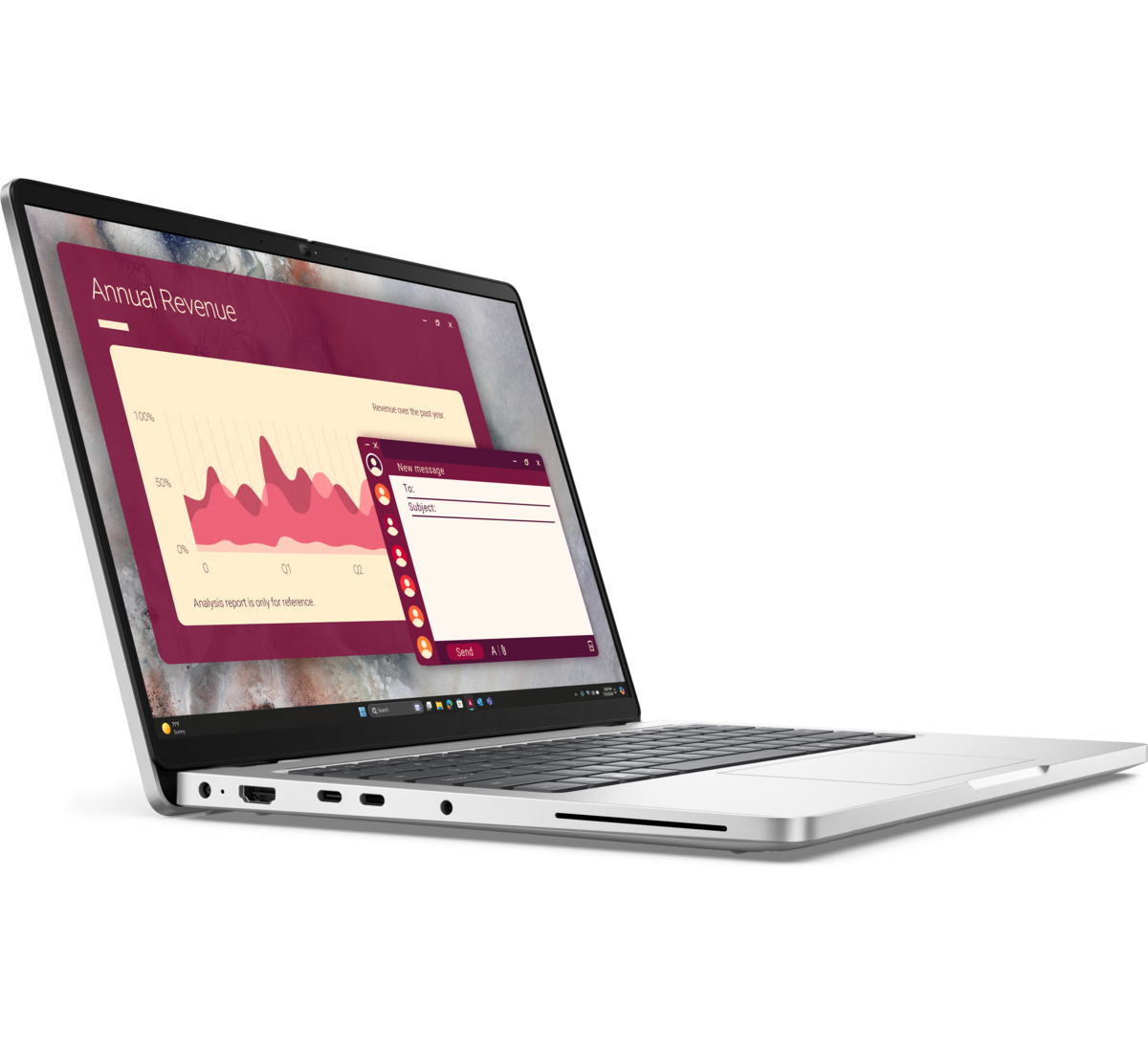 Dell Pro 14 PC14250 viewed from the front left with keyboard and side ports visible