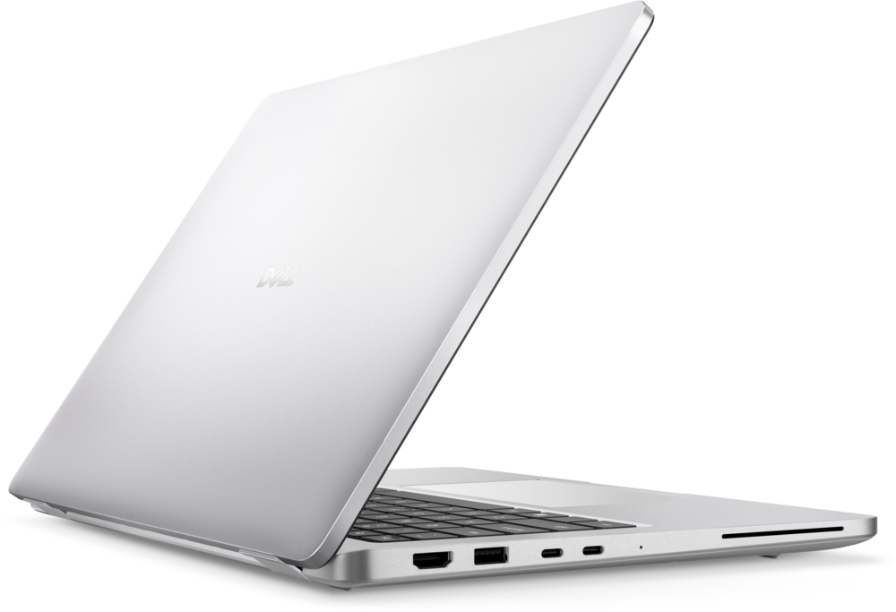 Dell Pro 14 Plus PB14250 rear left angle showing lid, hinges and side connections