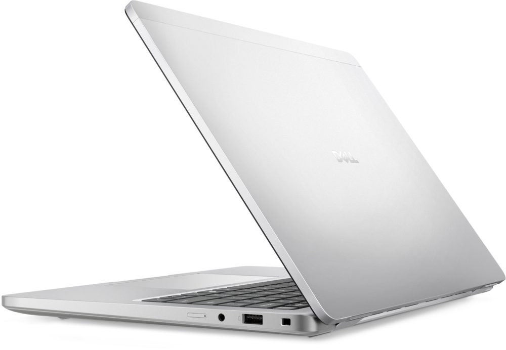 Dell Pro 14 Plus PB14250 rear right angle showing silver lid and side profile