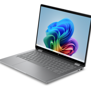 HP OmniBook X Flip 14-kb0023nia open angled view showing keyboard and touch display