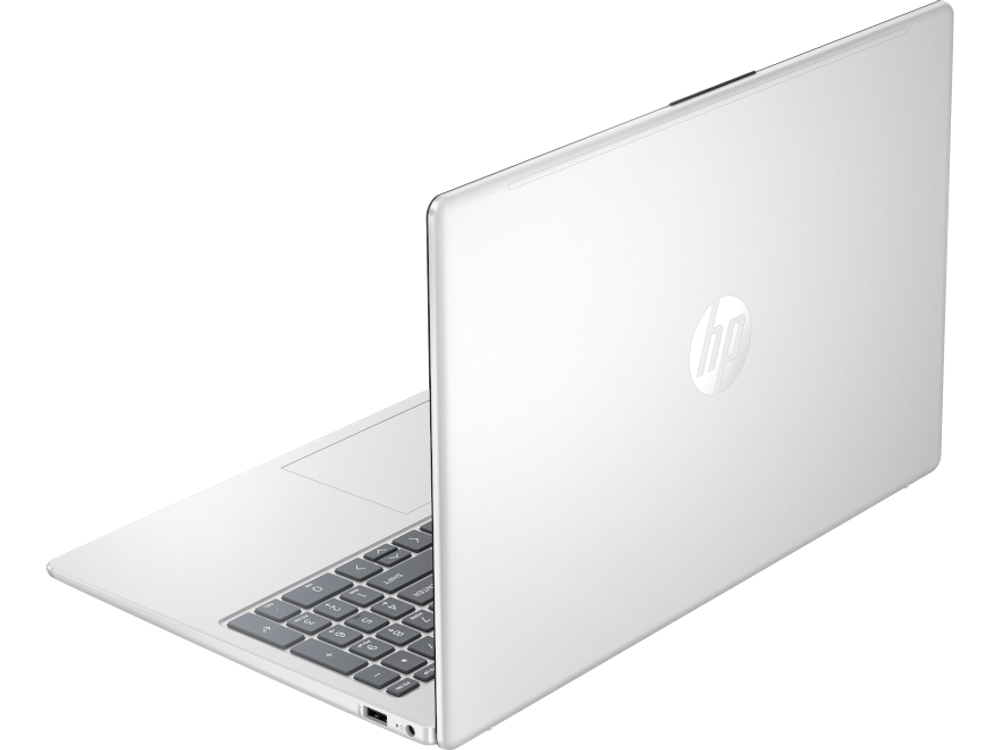 HP 15-fd1163nia rear angled view showing Natural Silver lid and HP logo