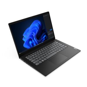 Lenovo V14 G5 IRL laptop open from the front left showing keyboard and display