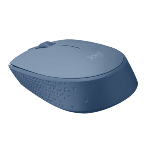 Logitech M171 blue grey mouse - angled view