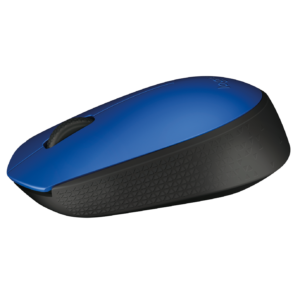 Logitech M171 blue mouse - angled view