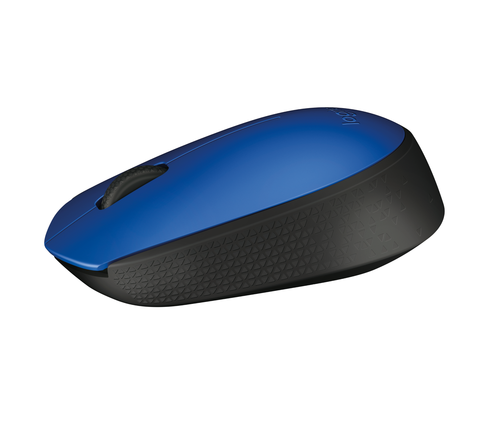 Logitech M171 blue mouse - angled view