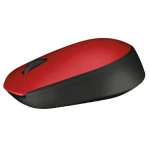 Logitech M171 red mouse - angled view