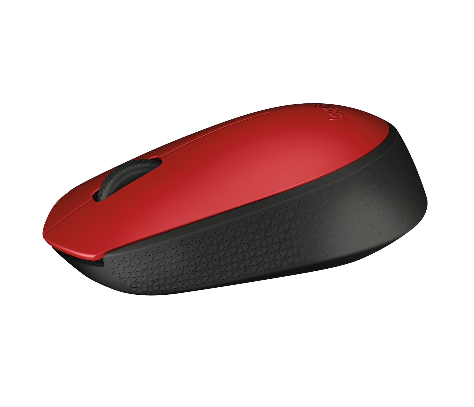 Logitech M171 red mouse - angled view